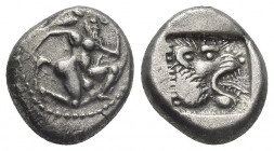 TROAS, Assos (circa 500-440 BC). AR, Drachm.
Obv: Satyr; bearded, curly hair, muscular legs and arms; running right. in archaic style.
Rev: Head of ...