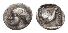 TROAS, Dardanos. (4th-3rd centuries BC). AR Hemiobol.
Obv: Female head to left, hair bound in sakkos.
Rev: Cockerel standing to right, crescent abov...