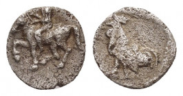 TROAS, Dardanos. (Circa 405-360 BC). AR Hemiobol.
Obv: Horseman riding left.
Rev: Cock standing left [within incuse square].
SNG Arikantürk 447–50;...