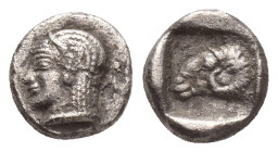 TROAS, Kebren. (5th century BC). AR Obol.
Obv: Archaic head (Apollo?) left.
Rev: Head of ram left within incuse square.
Cf. SNG Ashmolean 1086 (dio...