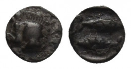 MYSIA, Kyzikos. (Circa 450-400 BC). AR Tetartemorion.
Obv: Forepart of boar left.
Rev: Two tunnies swimming in opposite direction; all within incuse...