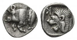 MYSIA, Kyzikos. (Circa 450-400 BC). AR Obol.
Obv: Forepart of boar left; tunny to right.
Rev: Head of roaring lion left; retrograde K in upper left ...