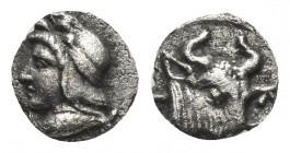 MYSIA, Kyzikos. (Circa 410-400 BC). AR Hemiobol.
Obv: Head of Attis left, wearing Phrygian cap; below, tunny left.
Rev: KYZI. Head and neck of bull ...