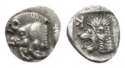 MYSIA. Kyzikos. (Circa 525-475 BC). AR Hemiobol.
Obv: Forepart of boar left with tall mane and dotted truncation; to right, tunny.
Rev: Head of roar...