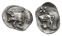 MYSIA, Kyzikos. (Circa 450-400 BC). AR Hemiobol.
Obv: Forepart of boar left; to right, tunny upward.
Rev: Head of roaring lion left; star to upper l...