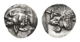 MYSIA, Kyzikos. (Circa 450-400 BC). AR Hemiobol.
Obv: Forepart of boar left; to right, tunny upward.
Rev: Head of roaring lion left; star to upper l...
