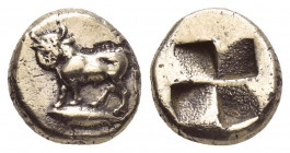 MYSIA. Kyzikos. (Circa 550-450 BC). EL Fourrée Hekte.
Obv: Man-headed bull standing left, head facing, on tunny left .
Rev: Quadripartite incuse squ...