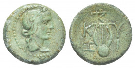 MYSIA, Kyzikos. (1st century BC). AE.
Obv: Draped bust of Kore to right, her hair tied up in a bun at the back.
Rev: Κ -Υ | Ζ - Ι . Lyre; monogram a...
