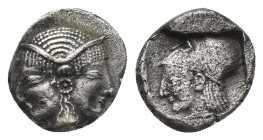 MYSIA, Lampsakos. (Circa 500-450 BC). AR Diobol.
Obv: Janiform female head.
Rev: Helmeted head of Athena left within incuse square.
SNG BN 1126.
C...
