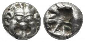 MYSIA, Parion. (5th century BC). AR Drachm.
Obv: Facing gorgoneion with protruding tongue.
Rev: Disorganized linear pattern within incuse square.
S...