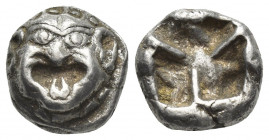 MYSIA, Parion. (5th century BC). AR Drachm
Obv: Facing gorgoneion with protruding tongue.
Rev: Disorganized linear pattern within incuse square.
SN...