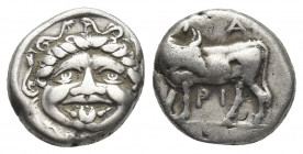 MYSIA, Parion. (4th century BC). AR Hemidrachm.
Obv: Facing gorgoneion within incuse circle.
Rev: ΠΑ / ΡΙ.
Bull, with head right, standing left on ...
