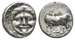 MYSIA, Parion. (4th century BC). AR Hemidrachm.
Obv: Facing gorgoneion within incuse circle.
Rev: ΠΑ / ΡΙ.
Bull, with head right, standing left; be...