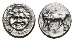 MYSIA. Parion. (4th century BC). AR Hemidrachm.
Obv: Facing gorgoneion within incuse circle.
Rev: ΠAPI.
Bull standing left, head right; kerykeion b...