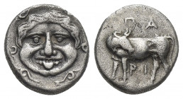 MYSIA, Parion. (4th century BC). Hemidrachm.
Obv: Facing gorgoneion within incuse circle.
Rev: ΠΑ / ΡΙ.
Bull standing left, head reverted.
SNG Aul...