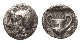 LESBOS, Methymna. (Circa 450-379 BC). AR, Hemiobol.
Obv: Helmeted head of Athena to left.
Rev: Kantharos; Μ-Α-Θ around.
SNG Copenhagen 351.(var. At...