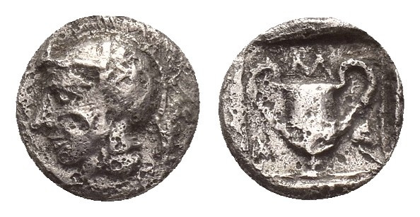 LESBOS, Methymna. (Circa 450-379 BC). AR, Hemiobol.
Obv: Helmeted head of Athen...