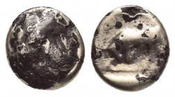 LESBOS, Mytilene. (Circa 377-326 BC). EL Fourrée Hekte.
Obv: Head of Persephone right, wearing grain wreath.
Rev: Bull butting left within linear sq...