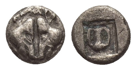 LESBOS, Uncertain mint. (Circa 500-450 BC). Billon Hemiobol.
Obv: Confronted bo...