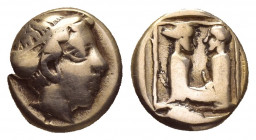 LESBOS. Mytilene. (Circa 454-428/7 BC). EL Hekte.
Obv: Female head to right, wearing sphendone.
Rev: Female herm, on the left, facing ithyphallic ma...
