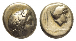 LESBOS, Mytilene. (Circa 377-326 BC). EL Hekte.
Obv: Head of Dionysos right, wearing ivy wreath.
Rev: Head of youthful male (Pan?) right, wearing ta...