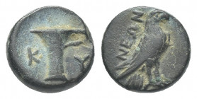 AEOLIS. Kyme. (Circa 350-320 BC). Neon, magistrate. AE.
Obv: One-handled vase; K-Y across fields.
Rev: ΝΕΩΝ
Eagle, with closed wings, standing righ...