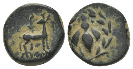 IONIA, Ephesos. (Circa 50-27 BC). Python, magistrate. Hemiobol.
Obv: [E – Φ?].
Bee within laurel wreath.
Rev: ΠYΘΩN.
Python, magistrate. Stag stan...