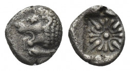 IONIA, Miletos. (Late 6th-early 5th centuries BC). Obol or Hemihekte.
Obv: Forepart of lion right, head left.
Rev: Stellate floral design; all withi...