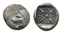 IONIA. Miletos. (Late 6th-early 5th centuries BC). Obol or Hemihekte.
Obv: Forepart of lion right, head left.
Rev: Stellate floral design; all withi...