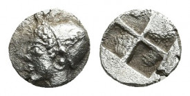 IONIA, Phokaia. (6th centry BC). AR Obol.
Obv: Archaic Female head (nymph?) left in sakkos with earring and necklace..
Rev: Quadripartite incuse squ...