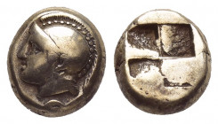 IONIA, Phokaia. (Circa 478-387 BC). EL Hekte.
Obv: Helmeted head of Athena left; below, small seal left.
Rev: Quadripartite incuse square.
SNG Cope...