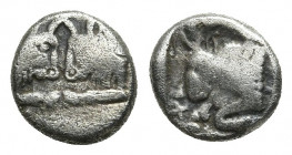 CARIA. Uncertain. Diobol (5th century BC).
Obv: Confronted foreparts of two bulls.
Rev: Forepart of bull left within incuse square; X to lower left....