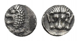 CARIA. Mylasa. AR Hemiobol (Circa 420-390 BC).
Obv: Forepart of lion right, head left.
Rev: Facing head of lion, with legs at sides; Carian W below....