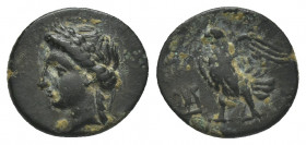 CARIA. Halikarnassos. Ae (Mid 4th-3rd centuries BC).
Obv: Laureate head of Apollo left.
Rev: Eagle standing left, with wings spread; lyre to left.
...