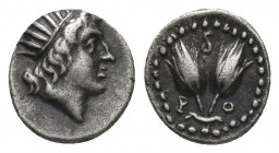 CARIA. Rhodes. AR Diobol (Circa 205-190 BC).
Obv: Radiate head of Helios right.
Rev: P - O.
Two rose buds. Control: Serpent above.
HGC 6, 1452.
C...
