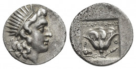 CARIA. Rhodes. Drachm (Circa 170-150 BC). Xenophantos, magistrate.
Obv: Radiate head of Helios right.
Rev: ΞENOΦANTOΣ.
Rose with bud to right withi...