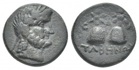 CARIA. Tabai. 1st century BC. AE
Obv: Laureate head of Zeus to right.
Rev. TABHNⲰN / K-[O].
Caps of the Dioskouroi surmounted by stars.
BMC 9-11....