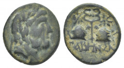 Caria, Tabai (2nd-1st centuries BC). AE
Obv: Laureatehead of Zeus, right.
Rev: 
Winged kerykeion between piloi of the Dioskouroi.
SNG ...