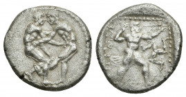 PAMPHYLIA, Aspendos. (Circa 420-410 BC). AR,Stater.
Obv: Two wrestlers, each nude but forbelt, grappling.
Rev: [EΣTF]EΔIIYΣ.
Slinger, nude, in thro...
