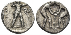 PAMPHYLIA. Aspendos. (Circa 325-250 BC). AR, Stater.
Obv: Two wrestlers grappling, ΦK between, all in dotted circle.
Rev: EΣTFEΔII[Y].
Slinger wear...
