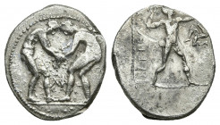 PAMPHYLIA, Aspendos. (Circa 325-250 BC). AR, Stater.
Obv: Two wrestlers grappling, AΦ between, all in dotted circle.
Rev: EΣTFEΔIIY.
Slinger wearin...