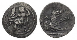 LYCAONIA. Laranda. (Circa 324/3 BC). AR Obol.
Obv: Baal seated left on throne, holding grain ear, grape bunch and sceptre..
Rev: Forepart of wolf ri...