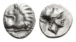 PISIDIA, Selge. (Circa 350-300 BC). AR Obol.
Obv: Head of a lion to left.
Rev: Head of Athena to right, wearing crested Corinthian helmet.
Atlan 12...