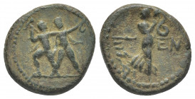 PISIDIA. Etenna. (1st century BC). AE
Obv: Two men standing side by side; the left brandishing double-axe, the right sickle.
Rev: [ET] - EN.
Nymph ...