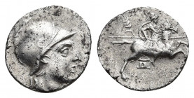 Phrygia, Kibyra (Circa 166-84 BC). AR Drachm.
Obv: Young male head, right;wearing crested helmet.
Rev: Helmeted and cuirassed horse man galloping ri...