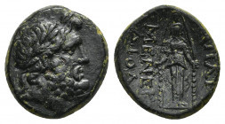 PHRYGIA, Apameia. (Circa 88-40 BC). AE, Menek-, son of Diod-.
Obv: Laureatehead of Zeus toright.
Rev: AΠAME[ΩN] - MENEK / ΔIOΔ.
Facing, cult statue...