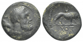 KINGS OF GALATIA, Amyntas (36-25 BC). Dated RY 5 (31/0). AE.
Obv: Head of Herakles right, with club over shoulder; ЄC (date) to left.
Rev: Lion stan...