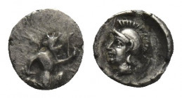 CILICIA. Uncertain.( 4th century BC). AR Tetartemorion.
Obv: Persian king or hero in kneeling/running stance to right, holding dagger in his right ha...