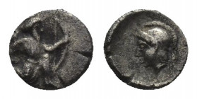 CILICIA. Uncertain. (4th century BC). AR Tetartemorion.
Obv: Persian king or hero in kneeling/running stance to right, holding dagger in his right ha...