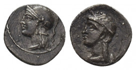 CILICIA. Uncertain. Obol (4th century BC).
Obv: Head of Athena to left, wearing crested Attic helmet.
Rev: Diademed female head left.
CNG E-Auction...